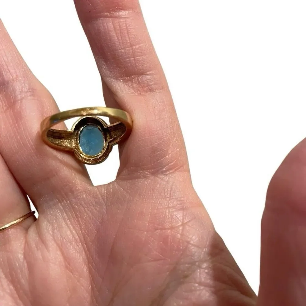 Vintage 10K Yellow Gold  3 C‎ Oval Blue Topaz & Diamond Art Deco Ring  Size 7.5
